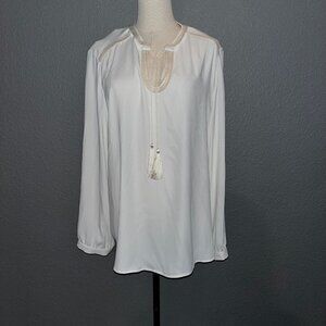 CHICO'S Popover Top with Rope Trim & Tassel Long Bishop Sleeves Ecru NWT Size 3